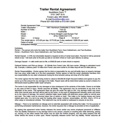 Printable Trailer Rental Agreement Template