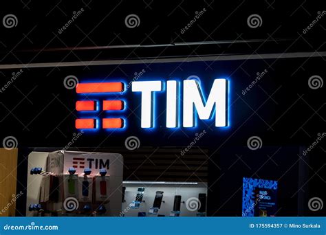 The Logo of the TIM Group Telecom Italia at the Retail Shop at Night ...