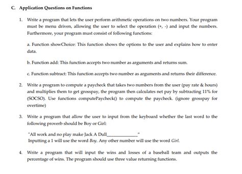 Solved C Application Questions On Functions Write A Chegg