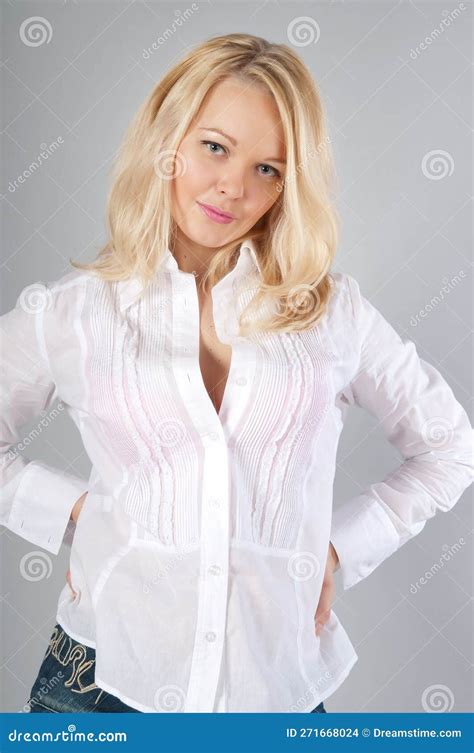 Blonde Girl Fashion Model In White Shirt In Studio Casual Stock Photo Image Of Happiness