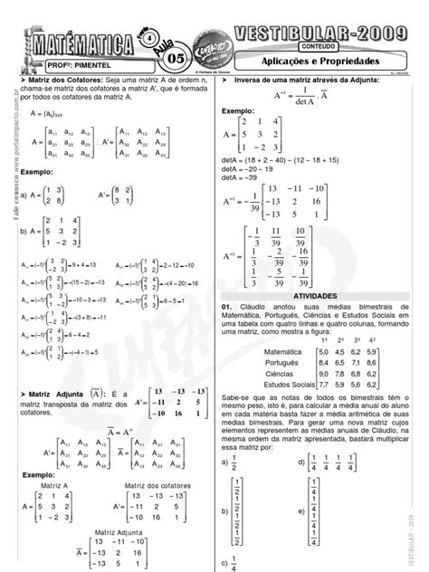 Matemática Pré Vestibular Impacto Matrizes Aplicações E