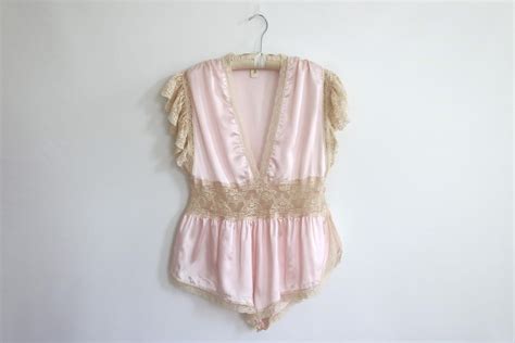 Vintage Lingerie Pink Satin Teddy One Piece Romper Bridal Wedding Lace Victoria S Secret Etsy