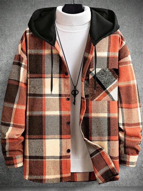 Manfinity Homme Men Plaid Print Drawstring Hooded Shacket Without Tee