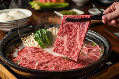 Premium AI Image Man Holding Medium Rare Slice Wagyu A Beef Out From Hot Pot Shabu