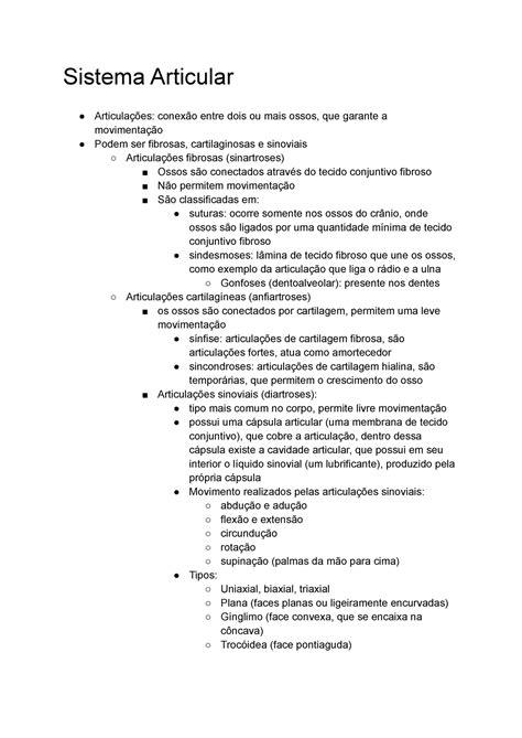 Resumo De Anatoma Sistema Articular Sistema Articular Articula Es