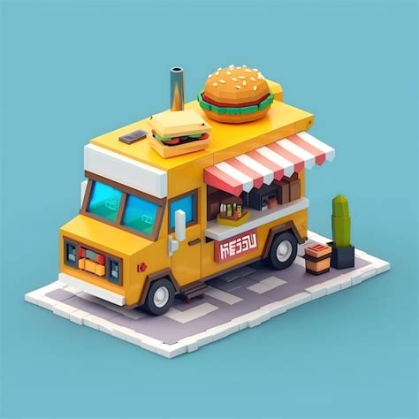 Colorful Isometric Pixel Art Food Truck Serving Burgers And Beverages