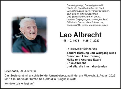 Traueranzeigen Von Leo Albrecht Trauerportal Ihrer Tageszeitung