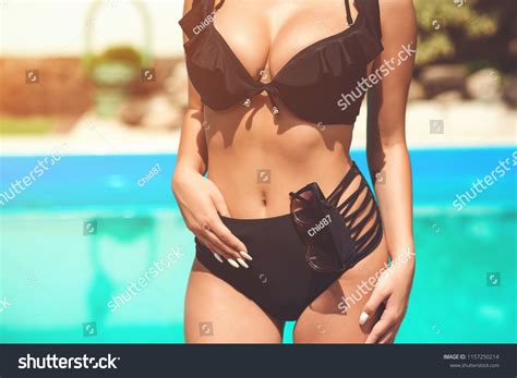 Sexy Woman Black Bikini Swimming Pool Foto Stok 1157250214 Shutterstock