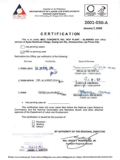 Certificate Of No Pending Case Rcp Alabang 2020 Pdf