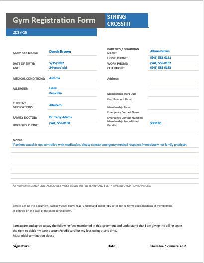 Gym Registration Form Word Excel Templates