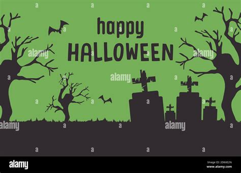 Feliz Dise O De Halloween Con Silueta De Cementerio Con Tumbas Sobre