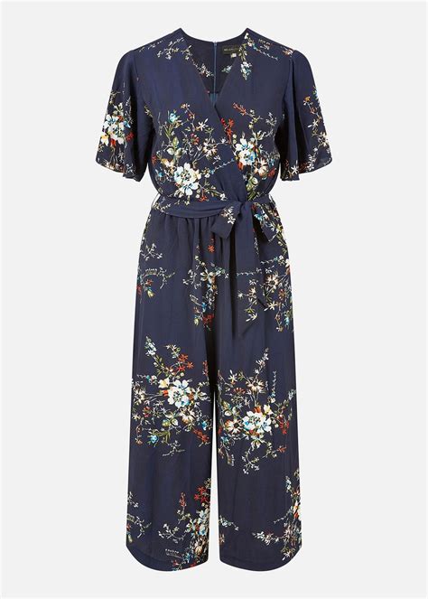 Mela Navy Floral Print Jumpsuit With Angel Sleeves Matalan