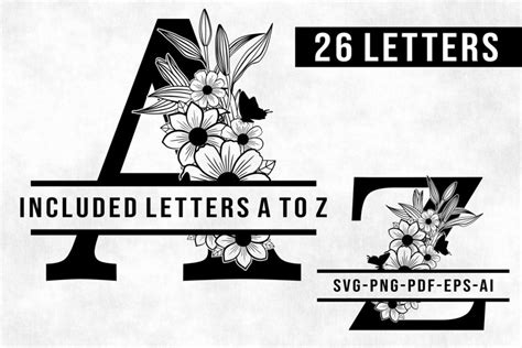 Floral Split Monogram Letters Svg Split Alphabet Split Font