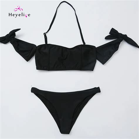 Sexy Women Bikinis Shoulder Off Tied Swimwear Brazilian Biquinis Padded Push Up Bandeau Bikini