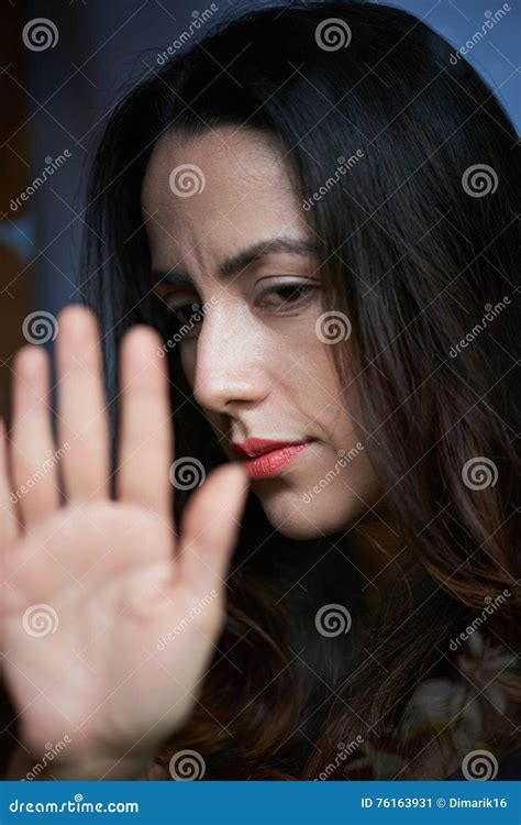 Sad Woman Touching Window Glass Stock Image Image Of Vertical Glass