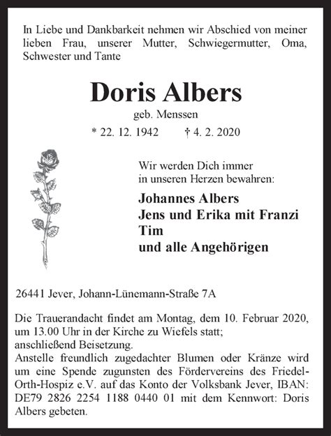 Traueranzeigen Von Doris Albers Nordwest Trauer De