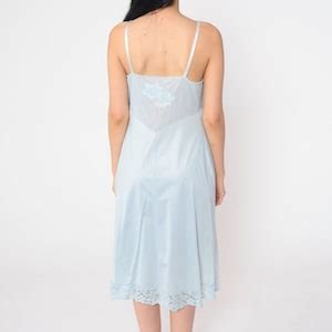 Baby Blue Slip Dress 70s Floral Lingerie Nightgown Midi Full Slip V Neck Empire Waist Spaghetti