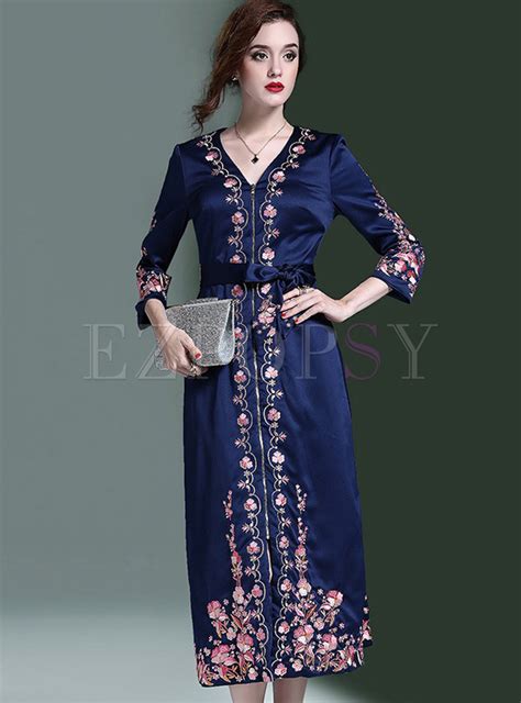 Dresses Maxi Dresses V Neck Three Quarters Sleeve Embroidery Maxi Dress