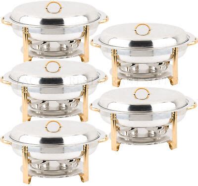 5 PACK Deluxe 6 Qt Gold Stainless Steel Oval Chafer Chafing Dish Set