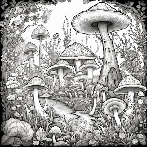 Premium Ai Image A Black And White Drawing Of Mushrooms And Plants In A Forest Generative Ai