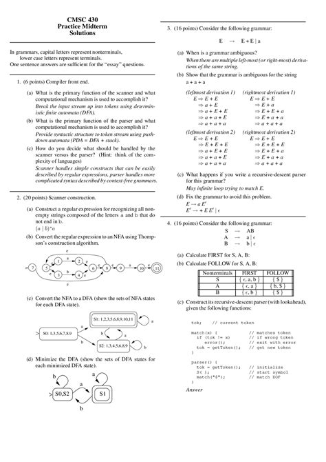 Practice Midterm Exam with Solutions - Introduction to Compilers | CMSC 430 - Docsity