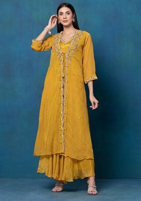 Buy Women Mustard Sequin Bead Hand Embroidered Anarkali Kurta With