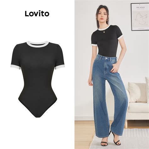 Lovito Casual Plain Contrast Binding Basic Bodysuit For Women L62ED069