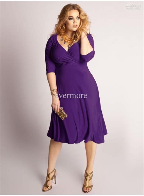 Purple V Neck A Line Stretch Satin Knee Length 3 4 Sleeves Plus Size