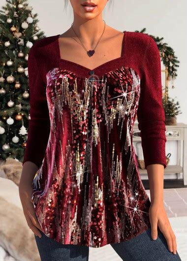 Wine Red Patchwork Long Sleeve Heart Collar T Shirt Modlily USD