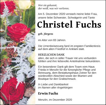 Traueranzeigen Von Christel Fuchs Trauer Nordkurier