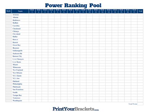 Power Rankings Pool Printable Football Power Ranking Office Pool