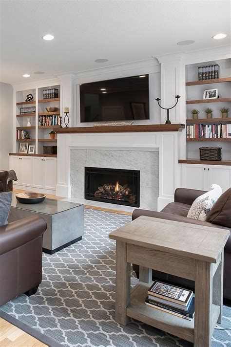 Transitional Fireplace Wall With Built In Shelves