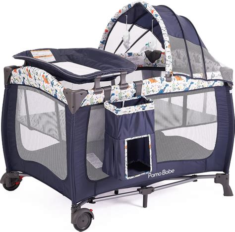 Centro de juegos de cuna Pamo Babe portátil para bebés con ruedas color azul marino