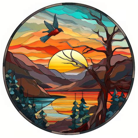 Premium Photo Stained Glass Bird Sunset Mountain Tree Background