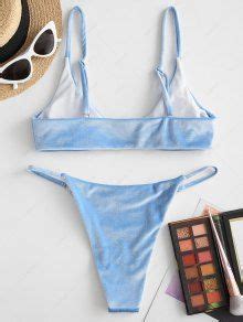 ZAFUL O Ring Velvet Tanga Bikini Swimwear In LIGHT BLUE ZAFUL