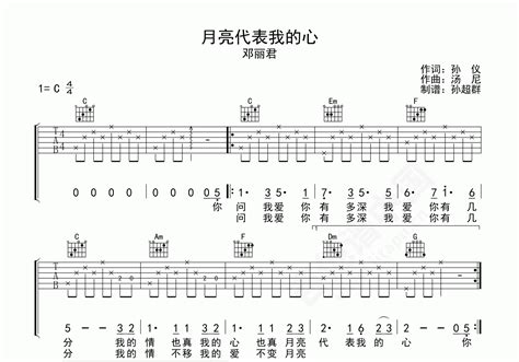 月亮代表我的心吉他谱 邓丽君 C调民谣弹唱谱 吉他谱中国