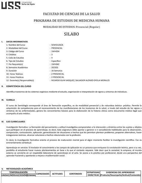 Sílabo Semiologia Uss 2023 I Facultad De Ciencias De La Salud