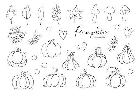 Premium Vector Fall Pumpkin With Leaves And Mushrooms Doodle Vector Set Hand Drawn Simple