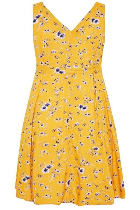 Yellow Floral Pleat Neck Dress Yours Clothing