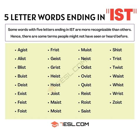 5 Letter Words Ending In Ist 31 Words In English • 7esl Words