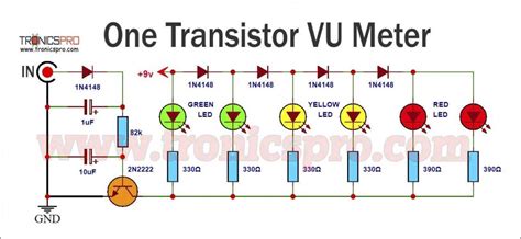 VU Meter Circuit Diagram One Transistor 6 LEDs TRONICSpro