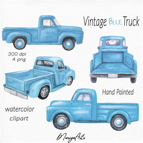 Blue Truck Clipart Png Vintage Retro Watercolor Blue Trucks Farm Classic Truck Farmers Pickup