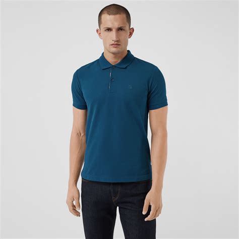 Check Placket Cotton Piqué Polo Shirt In Mineral Blue Men Burberry