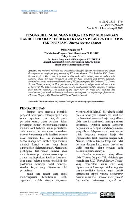 Pdf Pengaruh Lingkungan Kerja Dan Pengembangan Karir Terhadap Kinerja