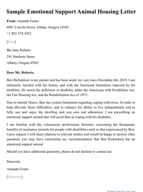 sample emotional support animal housing letter  printable