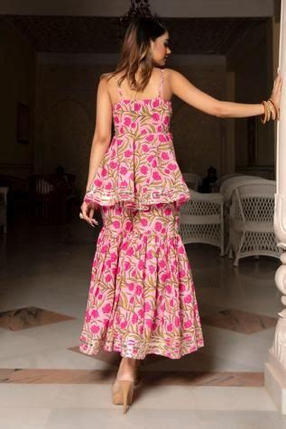 Pomcha Jaipur Floral Hand Block Print Kurta Sharara Set Pink Floral