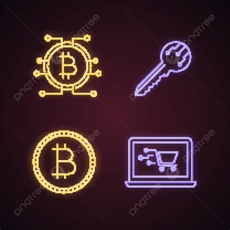 Bitcoin Cryptocurrency Neon Light Icons Set Laptop Encryption Vector