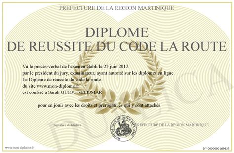 Diplome De Reussite Du Code La Route