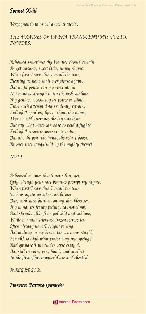 Sonnet Xviii Poem by Francesco Petrarca (petrarch)