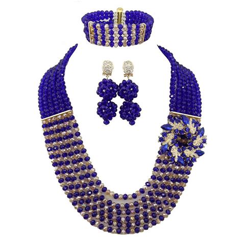 Africanbeads Rows Champagne Royal Blue African Beads Jewelry Set